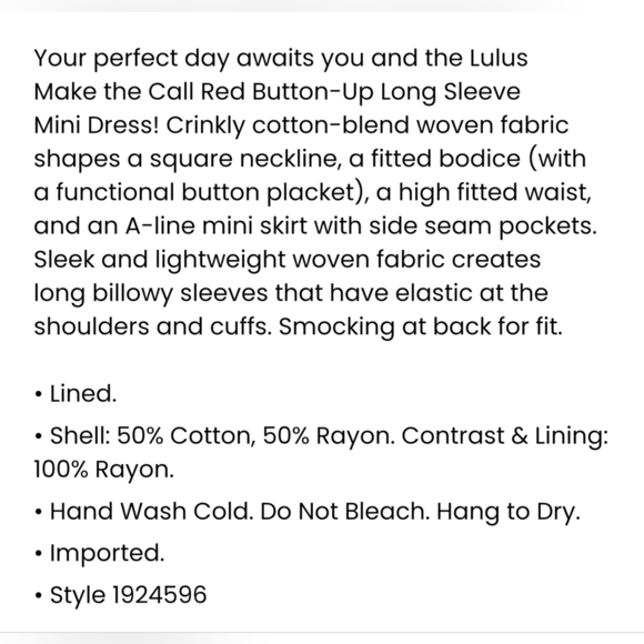 Lulus Make The Call Red Button-Up Long Sleeve Square Neck w Pockets Mini Dress S - Picture 7 of 15